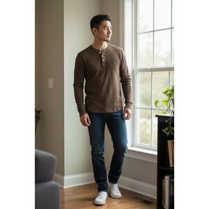 Vintage American Eagle Mens Brown Ribbed Henley Sz XS Y2K‎ Normcore Casual Knit